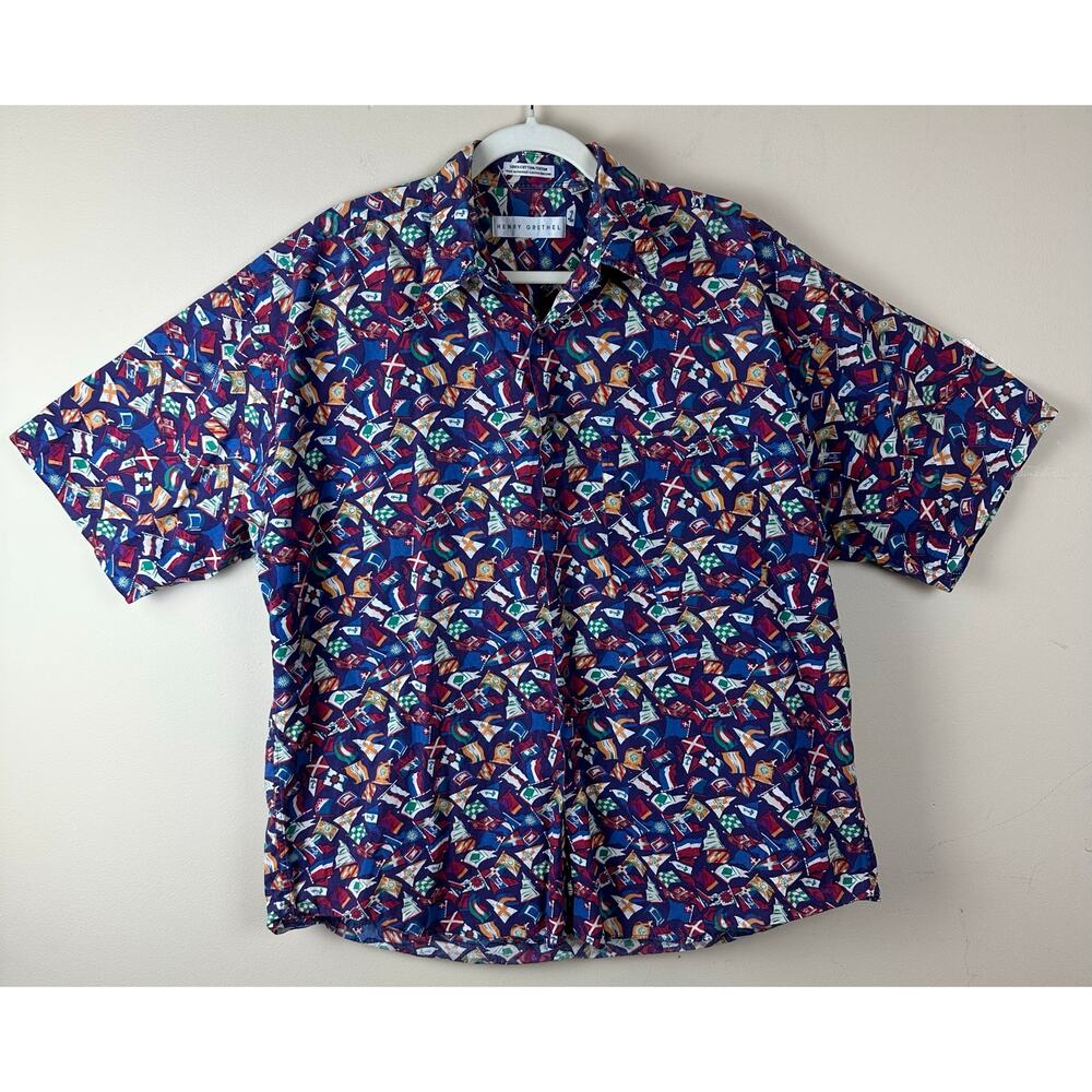Henry Grethel Mens Flag Print ButtonUp Shirt L Nautical Novelty Fisherman Resort